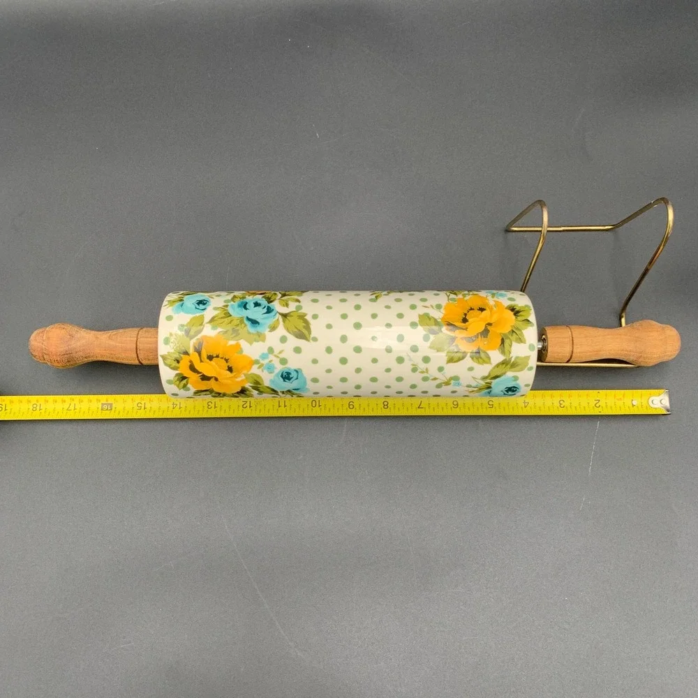 Pioneer Woman Breezy Blossom Ceramic Rolling Pin Wood Handle Floral Dots Retired